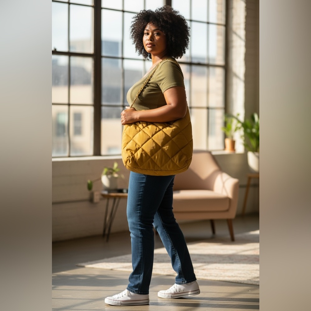 Quilted Tan Puffer Shoulder Bag Tote‎ Lightweight Resort Beach Casual Soft Nylon